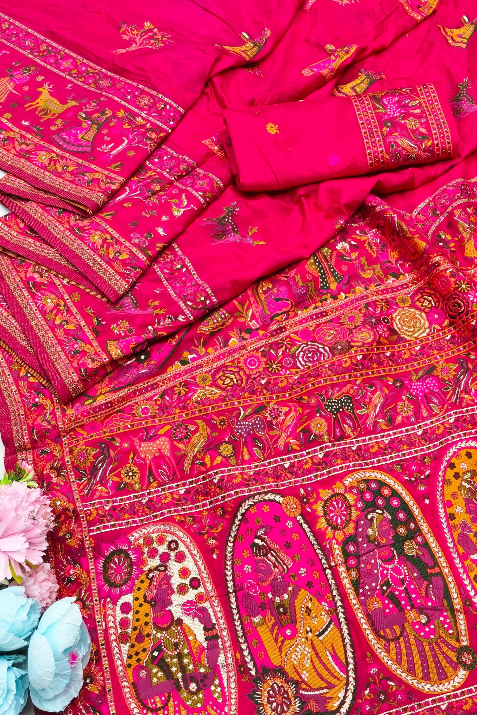 Alluring Dark Pink Nylon Dola Pashmina Saree With Embrocation Blouse Piece
