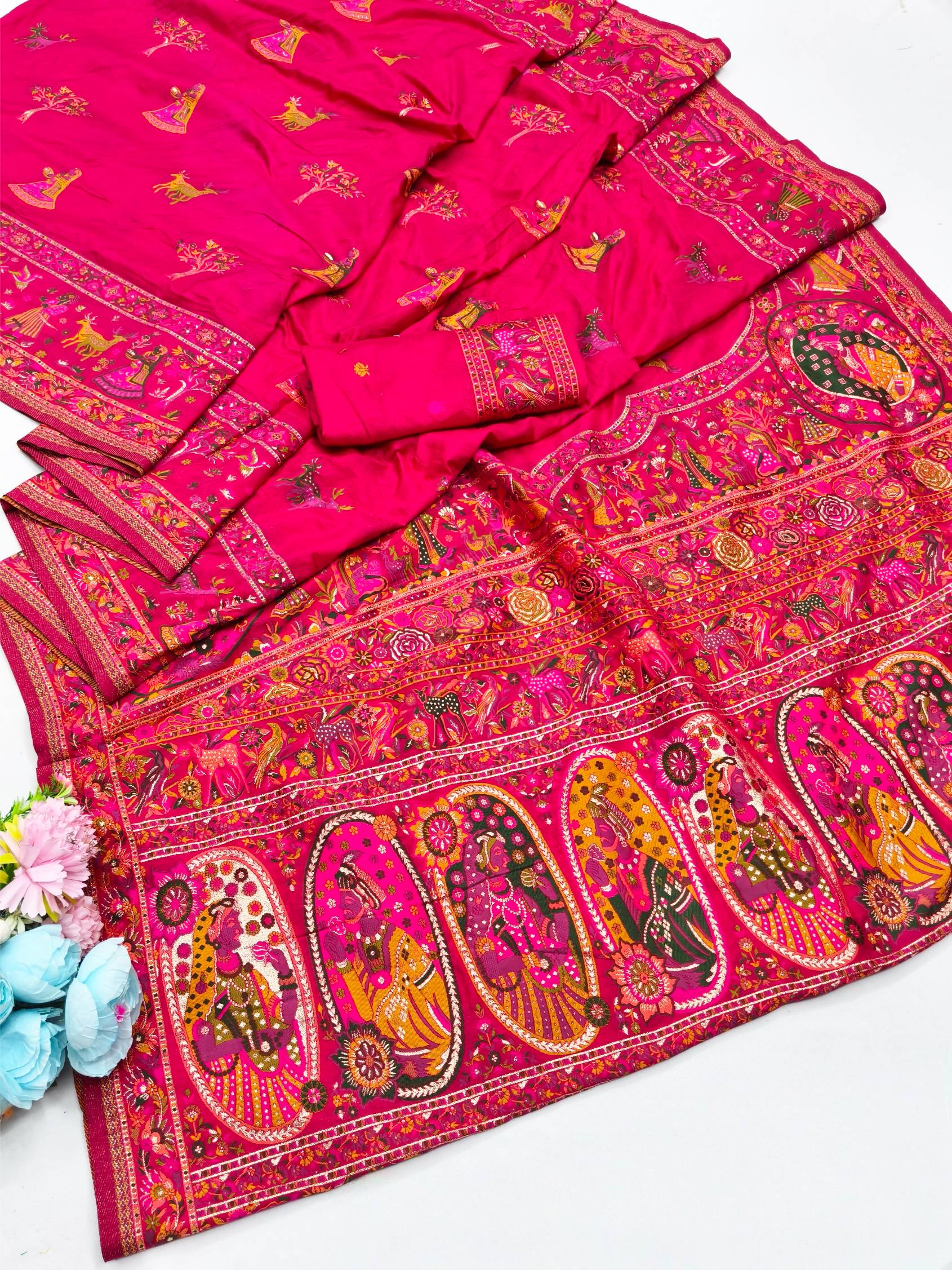 Alluring Dark Pink Nylon Dola Pashmina Saree With Embrocation Blouse Piece