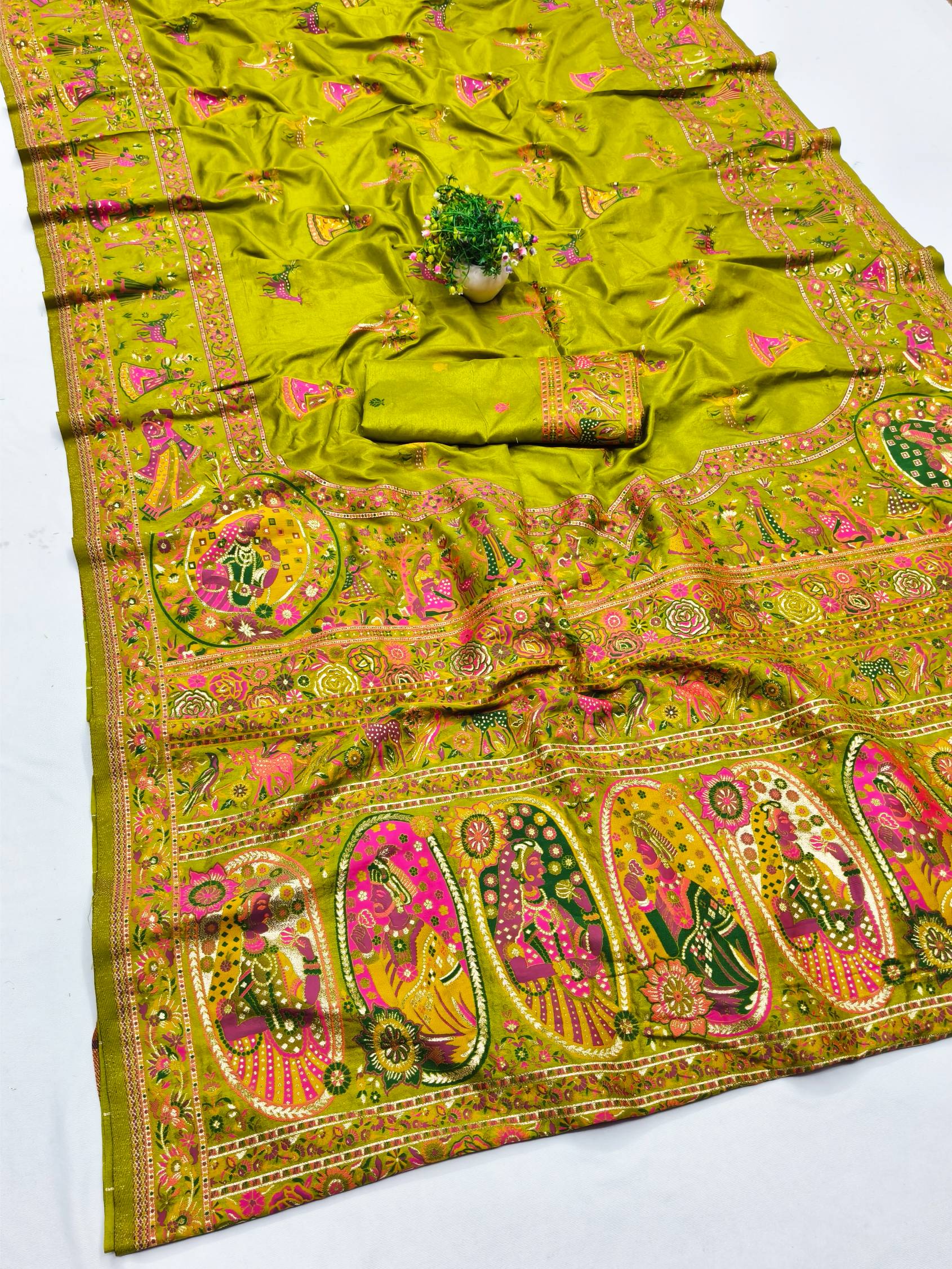 Efflorescence Mehandi Nylon Dola Pashmina Saree With Imaginative Blouse Piece