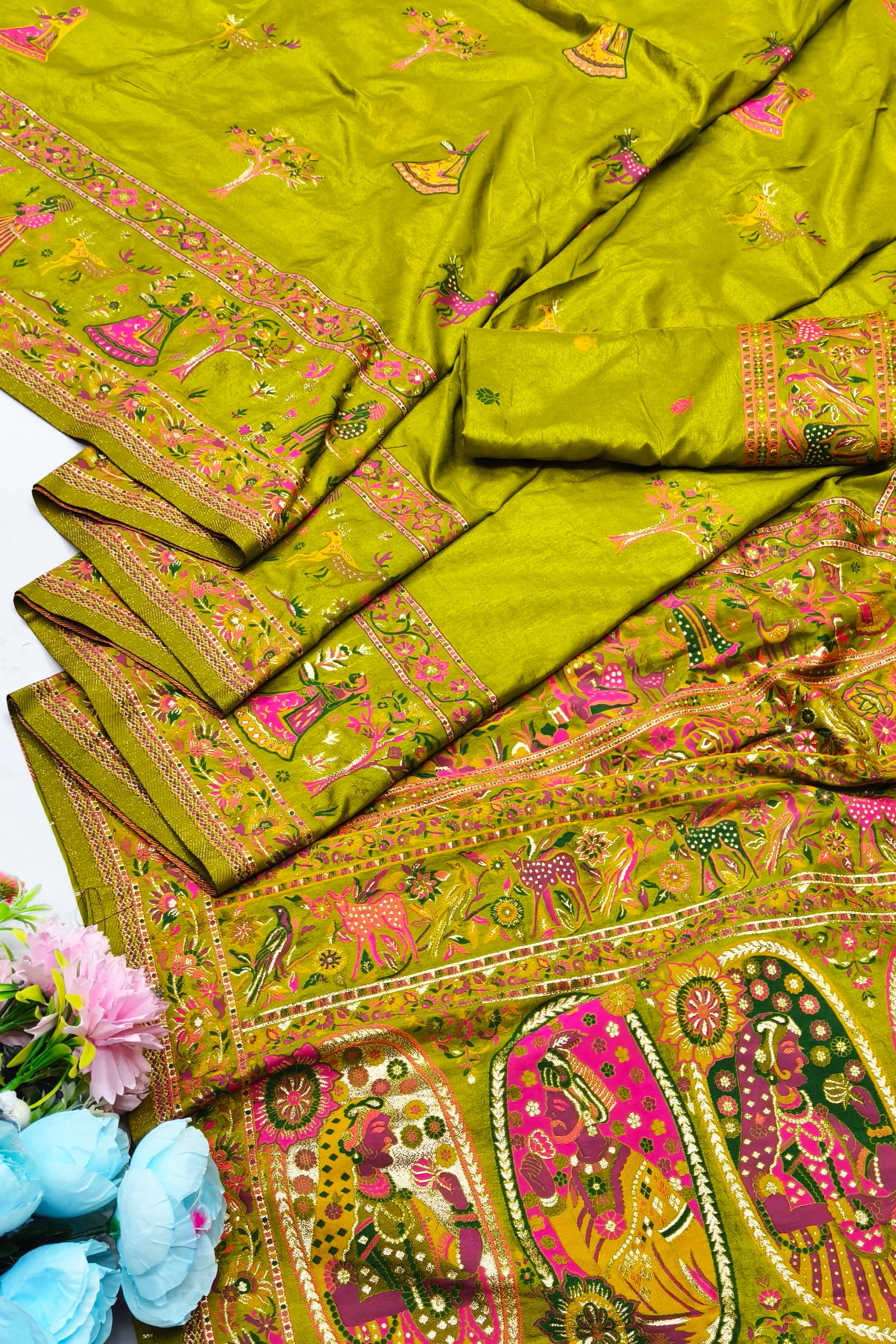 Efflorescence Mehandi Nylon Dola Pashmina Saree With Imaginative Blouse Piece