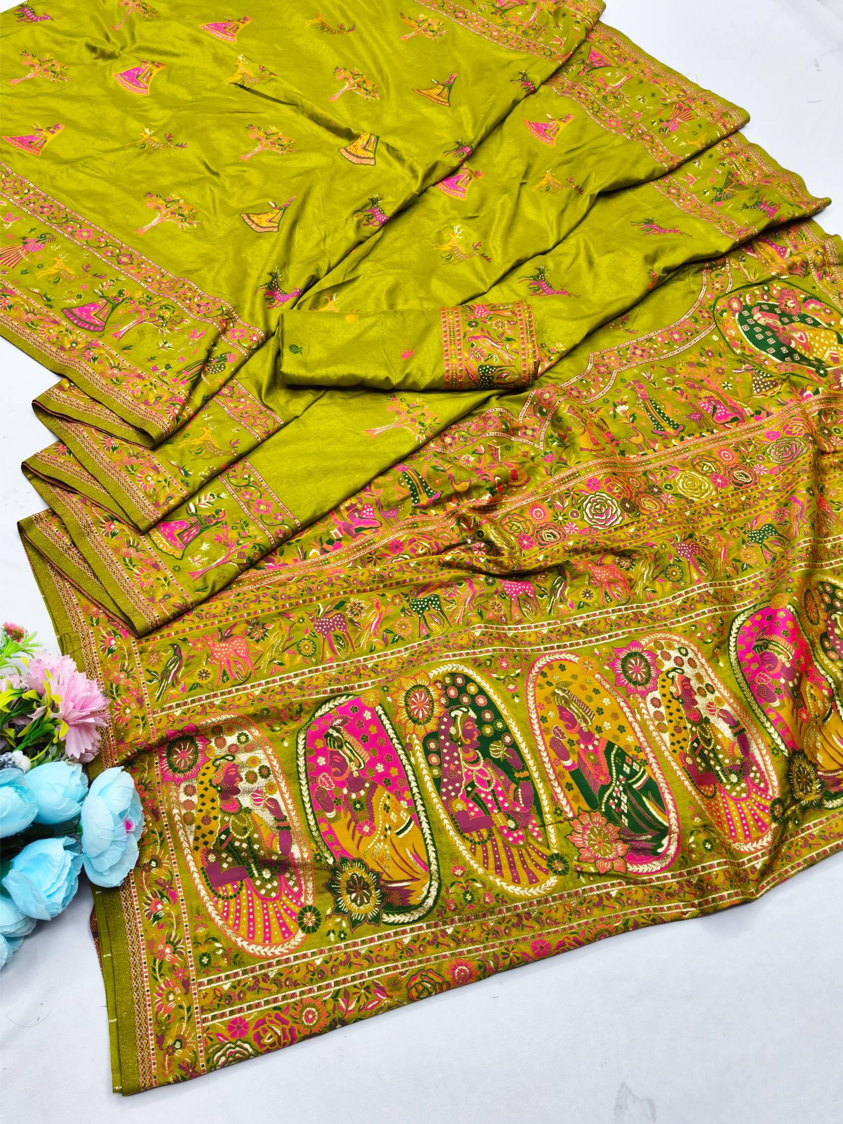 Efflorescence Mehandi Nylon Dola Pashmina Saree With Imaginative Blouse Piece