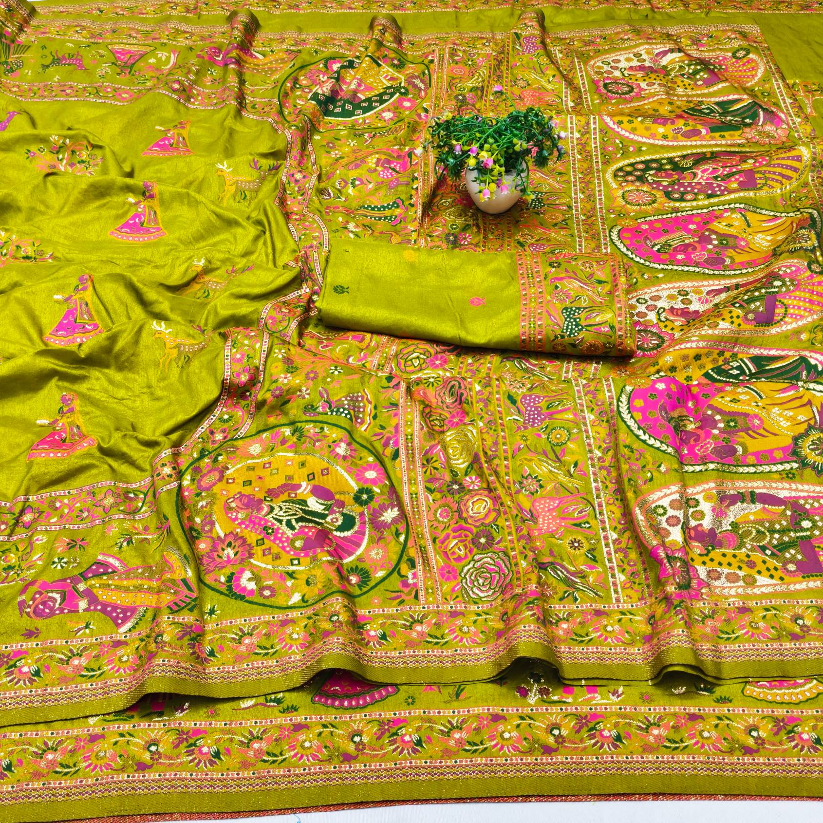 Efflorescence Mehandi Nylon Dola Pashmina Saree With Imaginative Blouse Piece