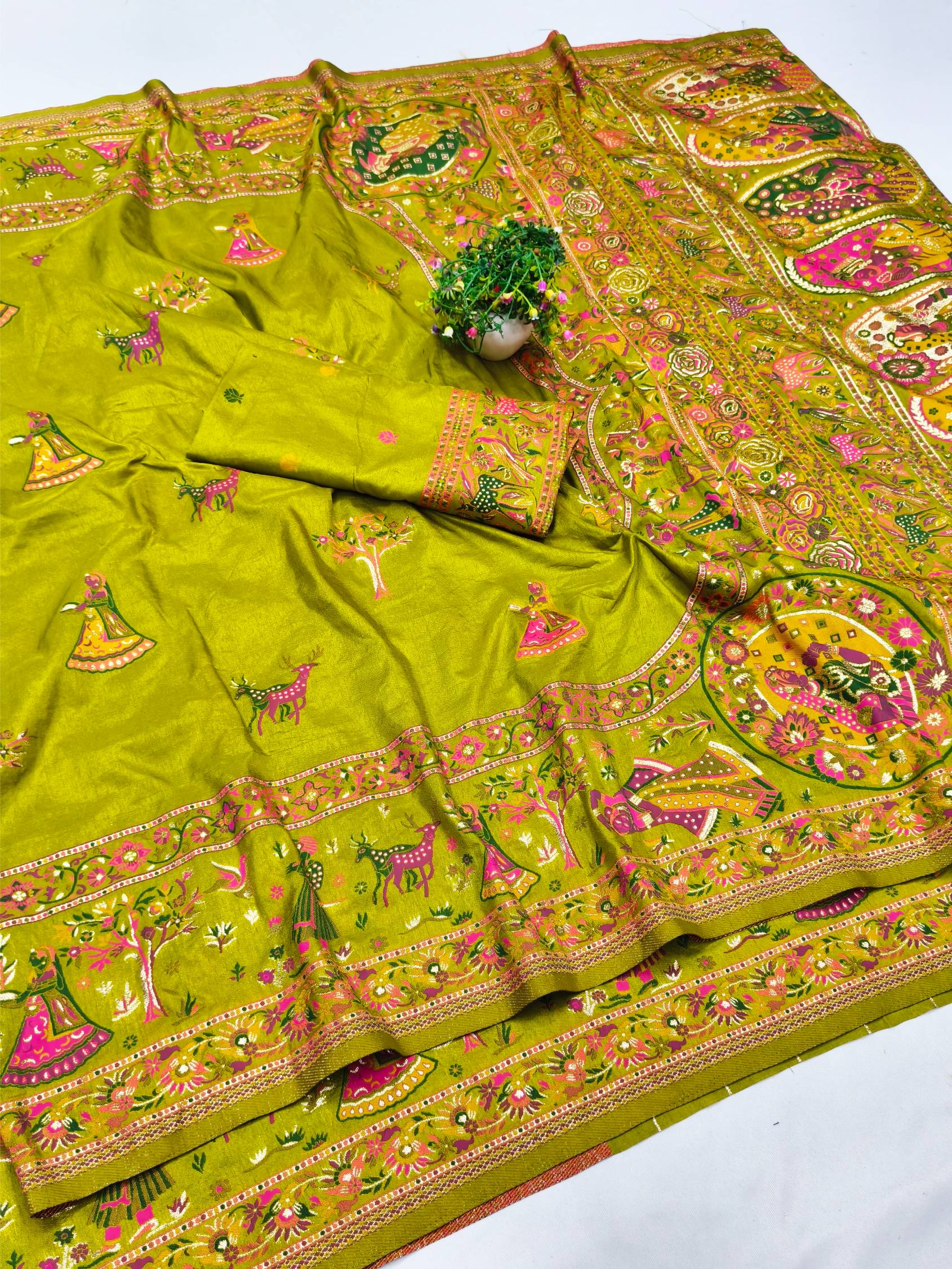 Efflorescence Mehandi Nylon Dola Pashmina Saree With Imaginative Blouse Piece