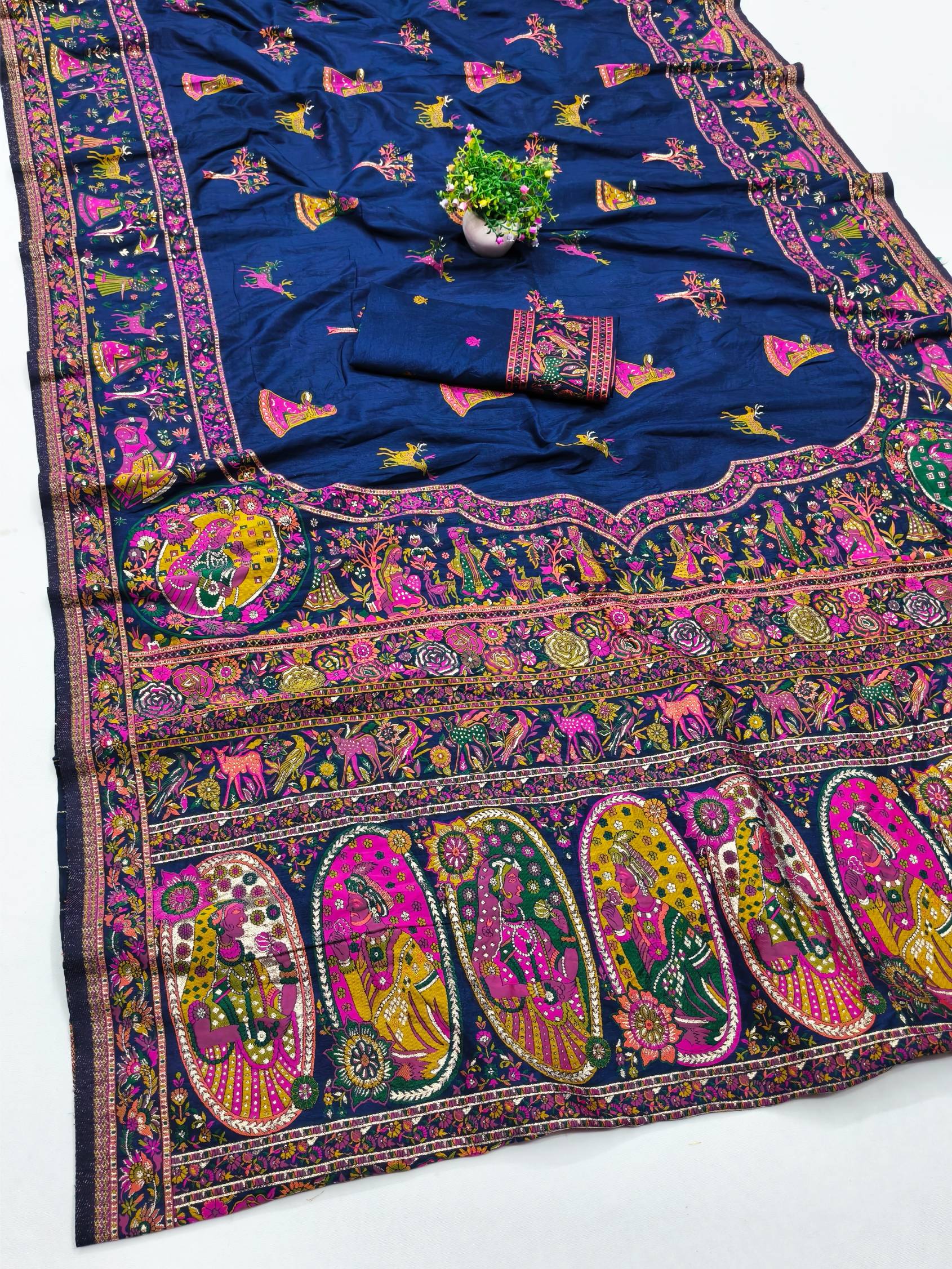 Most Stunning Navy Blue Nylon Dola Pashmina Saree With Sumptuous Blouse Piece