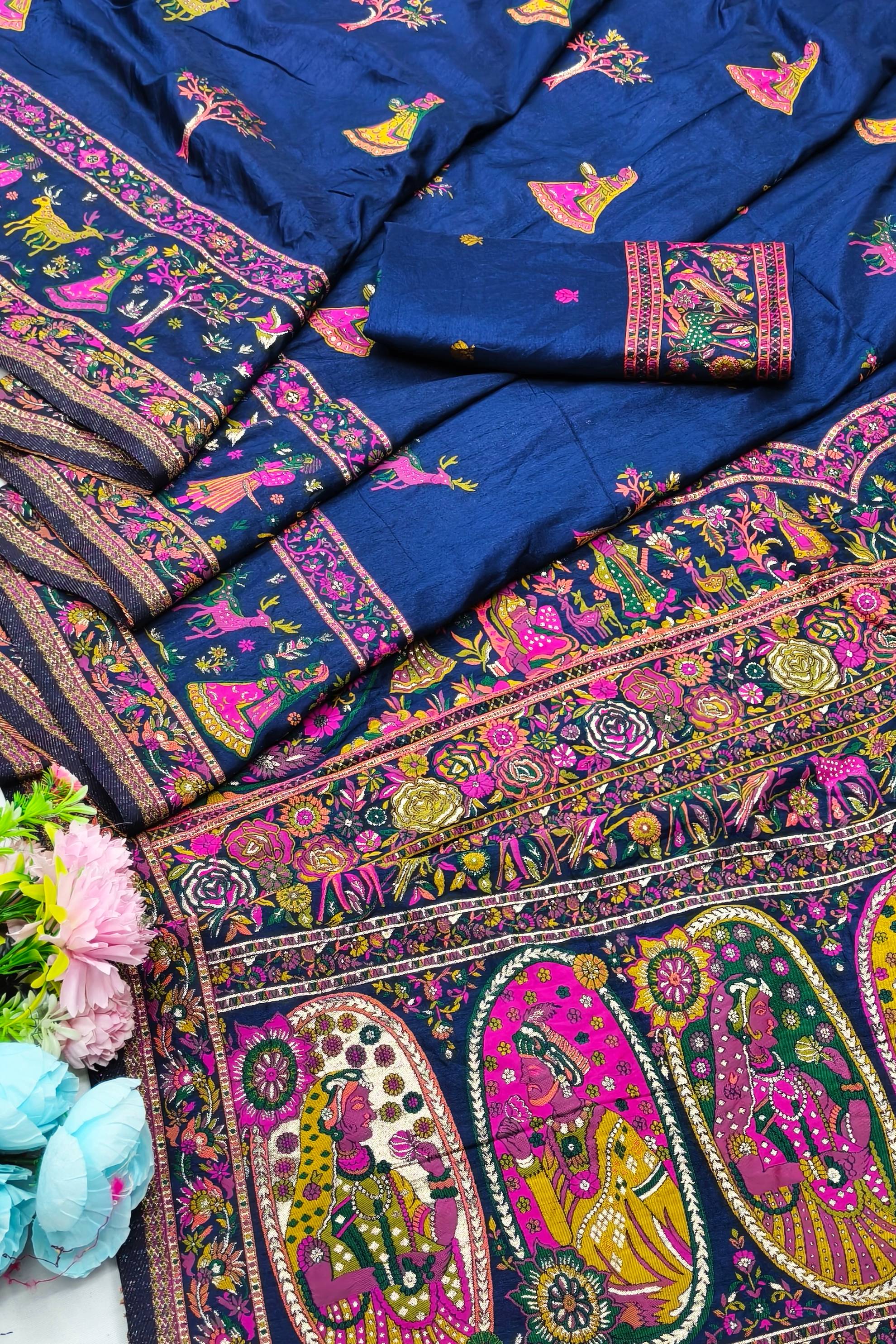Most Stunning Navy Blue Nylon Dola Pashmina Saree With Sumptuous Blouse Piece