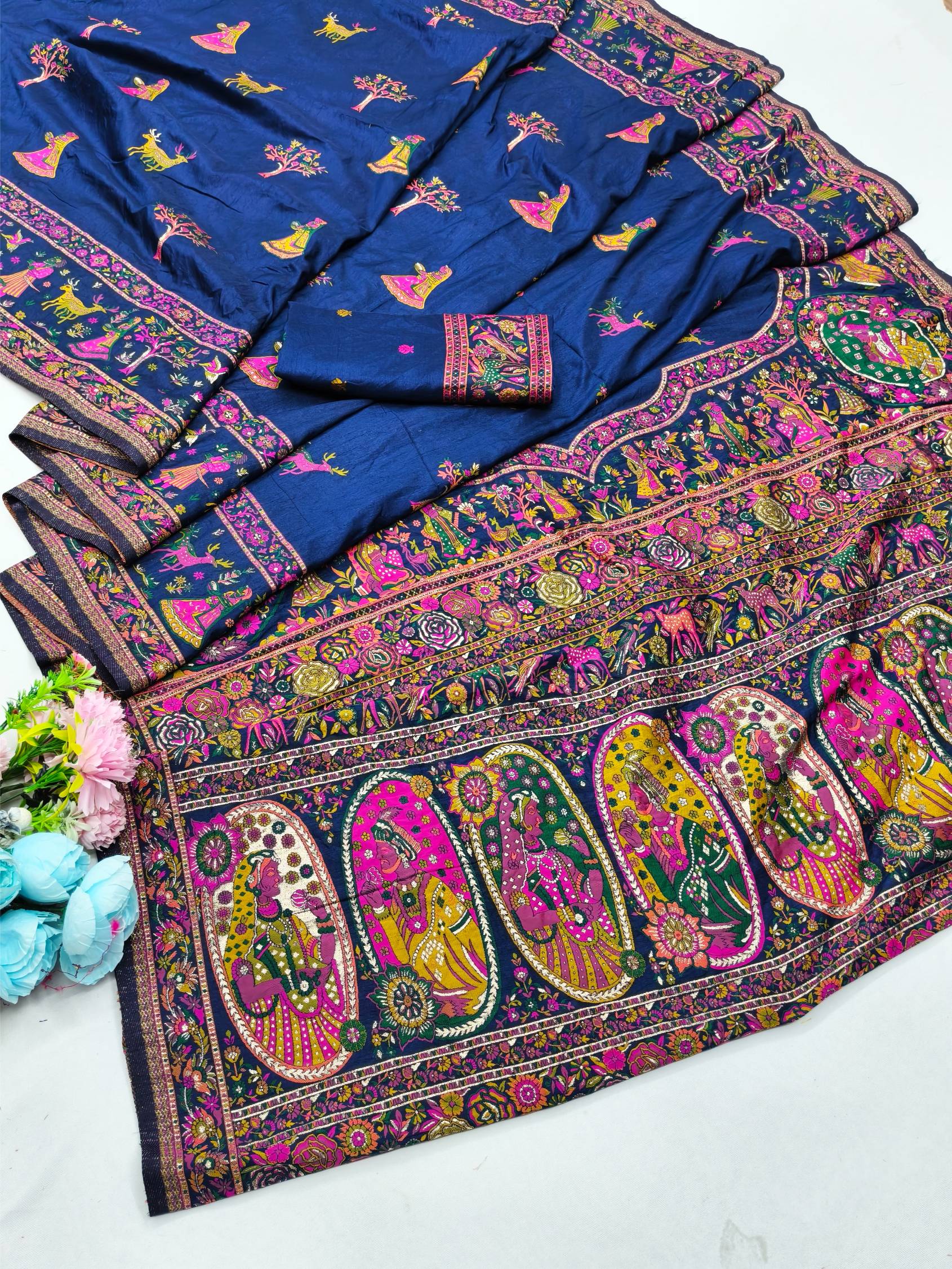 Most Stunning Navy Blue Nylon Dola Pashmina Saree With Sumptuous Blouse Piece