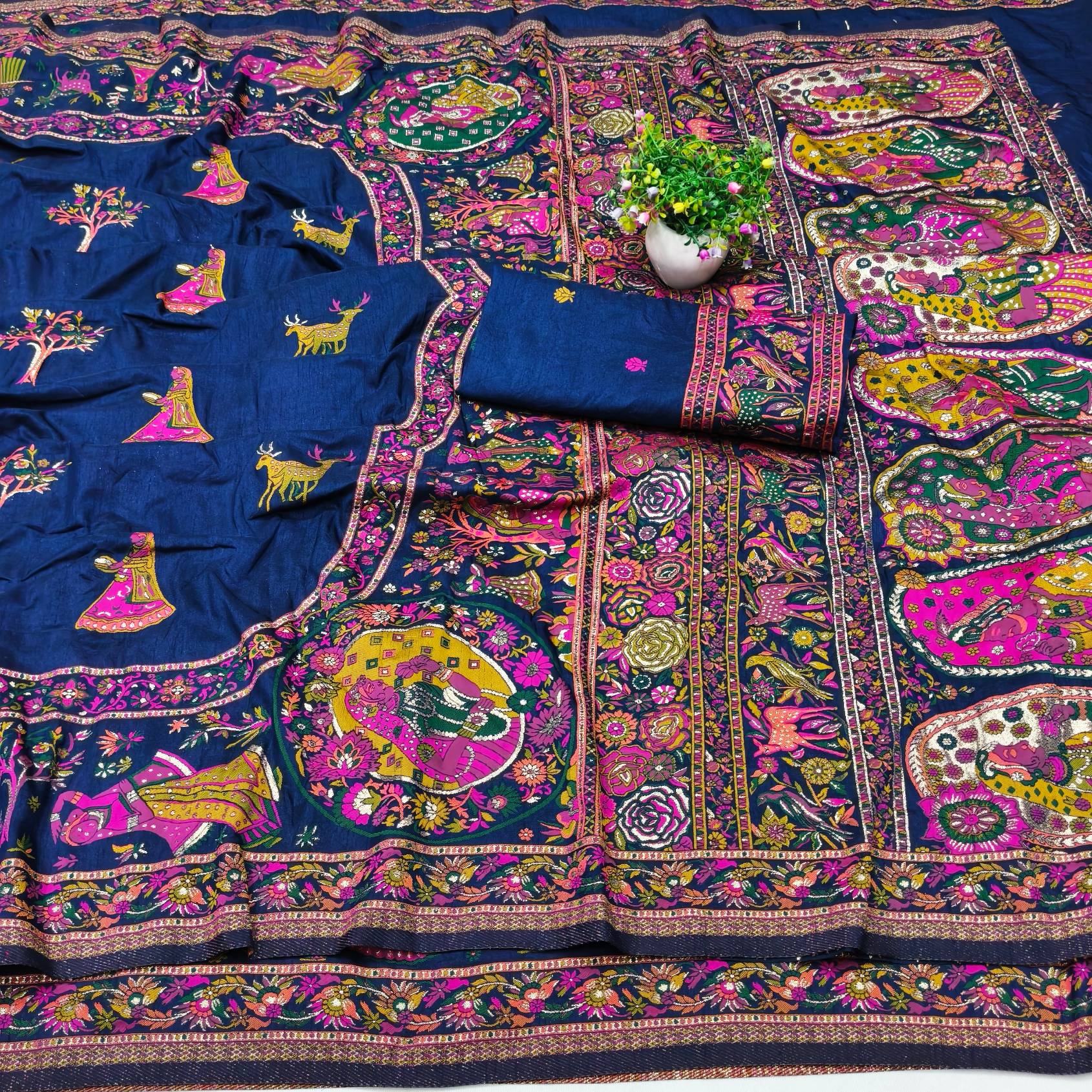 Most Stunning Navy Blue Nylon Dola Pashmina Saree With Sumptuous Blouse Piece