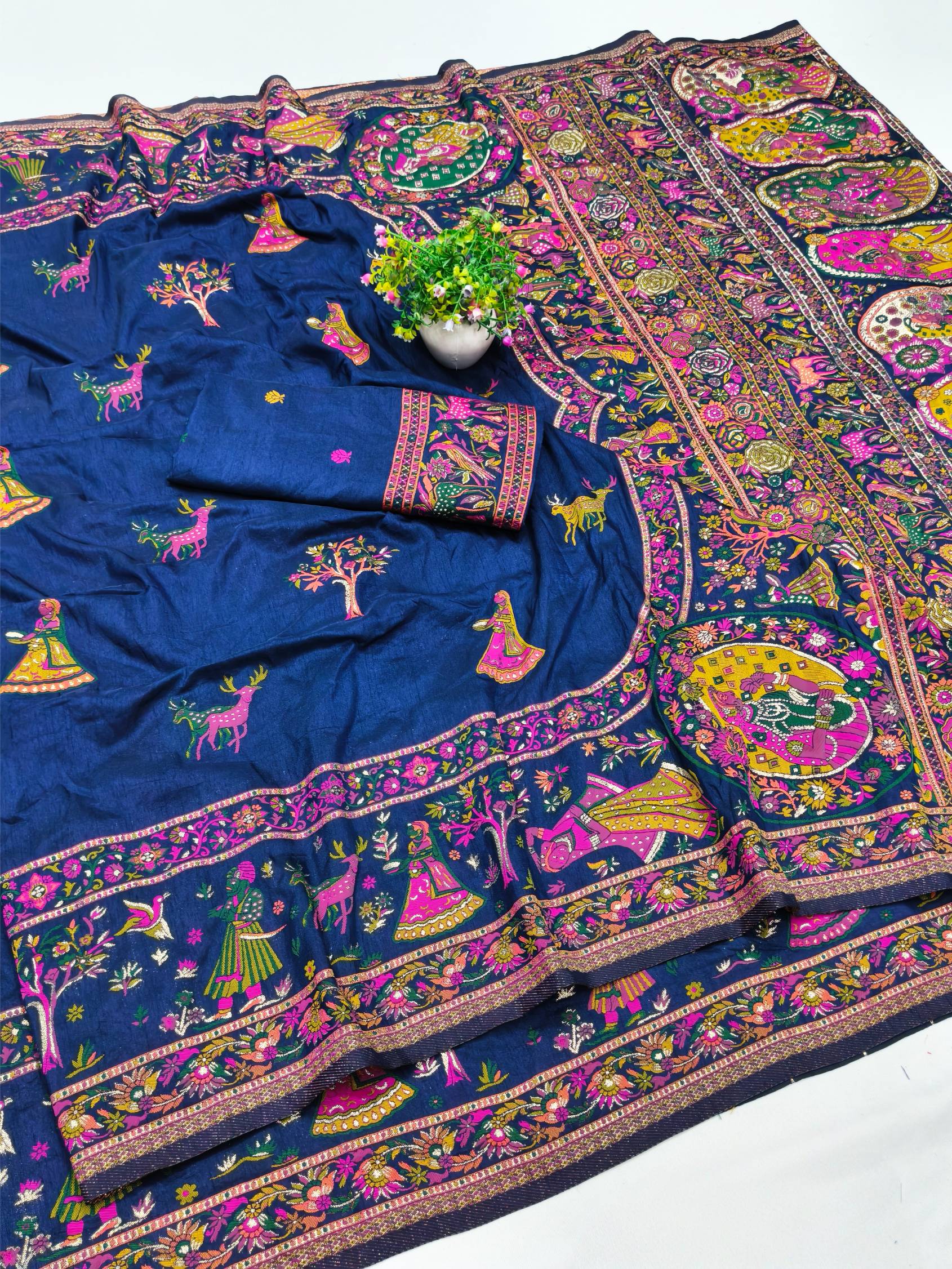 Most Stunning Navy Blue Nylon Dola Pashmina Saree With Sumptuous Blouse Piece