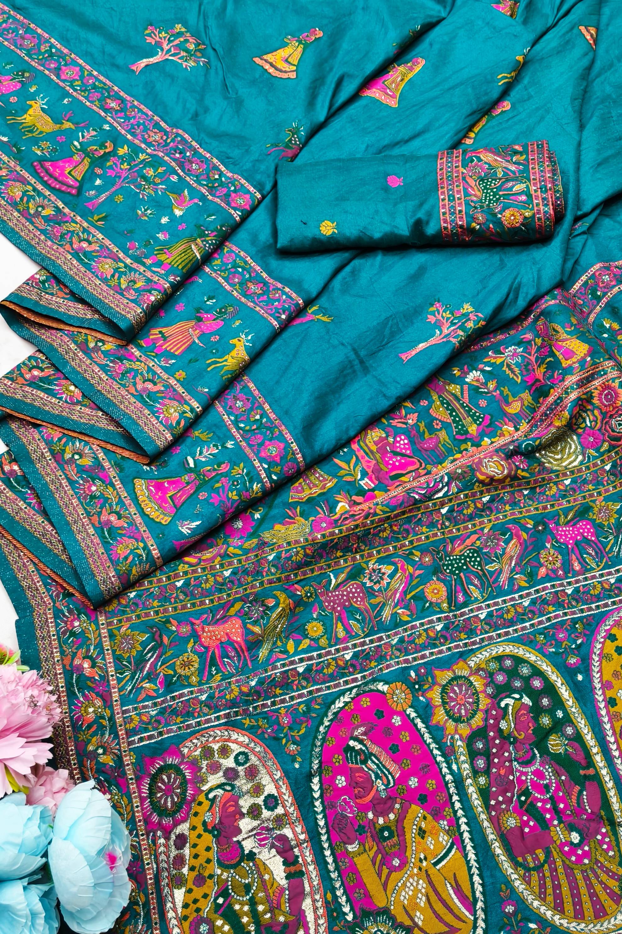 Dulcet Rama Nylon Dola Pashmina Saree With Chatoyant Blouse Piece