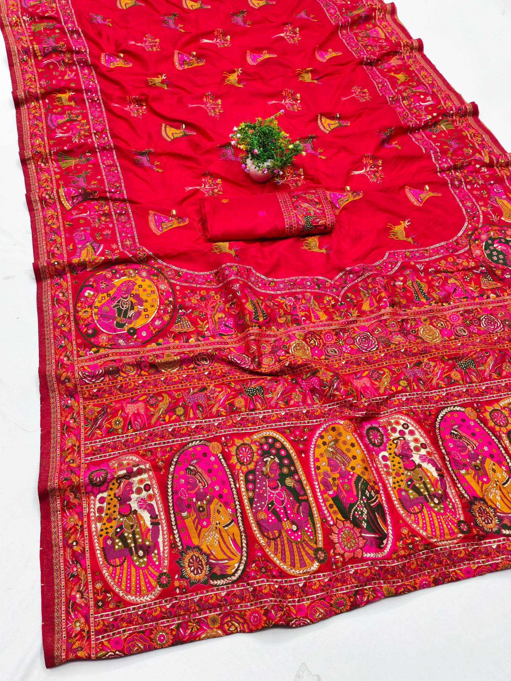 Amazing Red Nylon Dola Pashmina Saree With Appealing Blouse Piece
