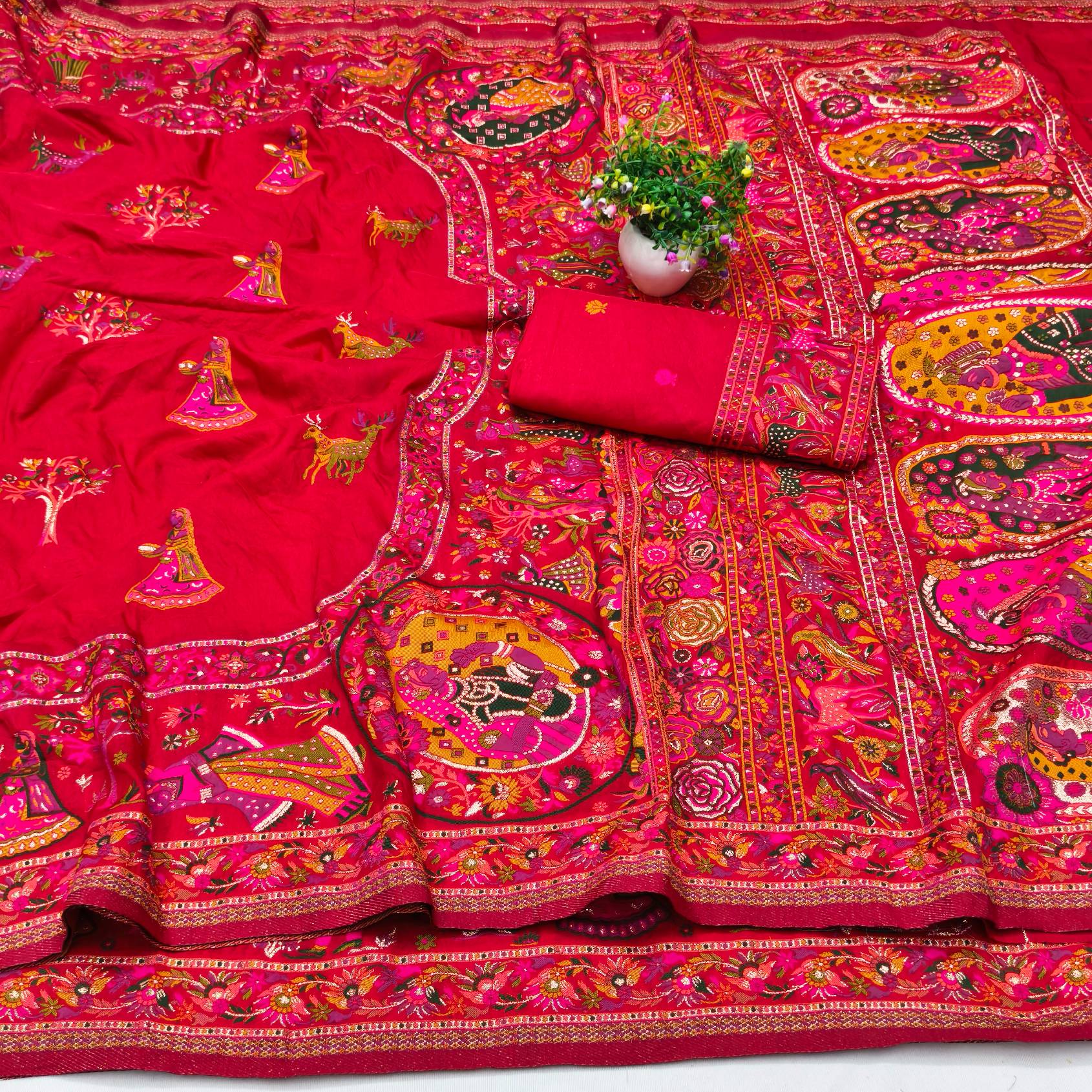Amazing Red Nylon Dola Pashmina Saree With Appealing Blouse Piece