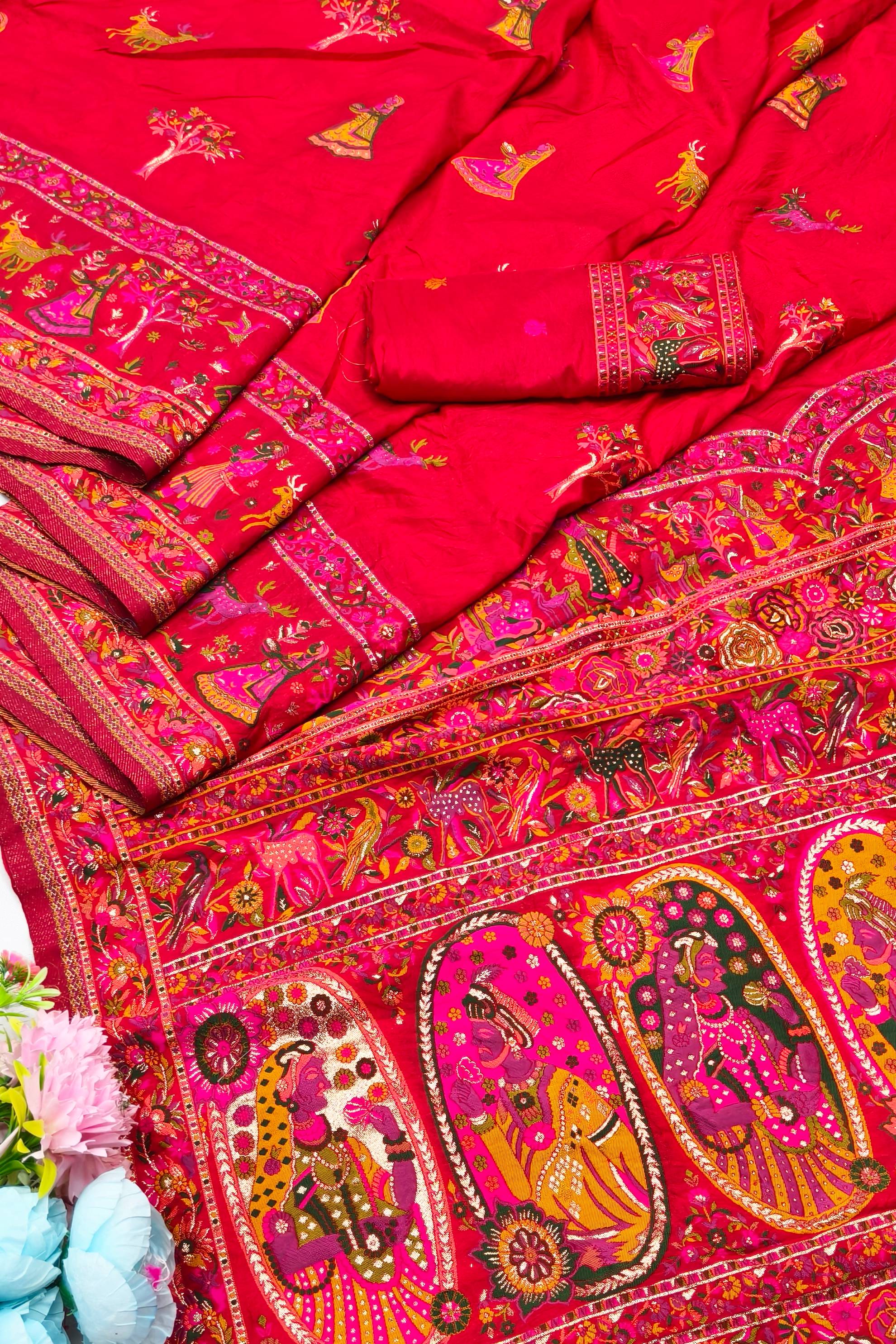 Amazing Red Nylon Dola Pashmina Saree With Appealing Blouse Piece