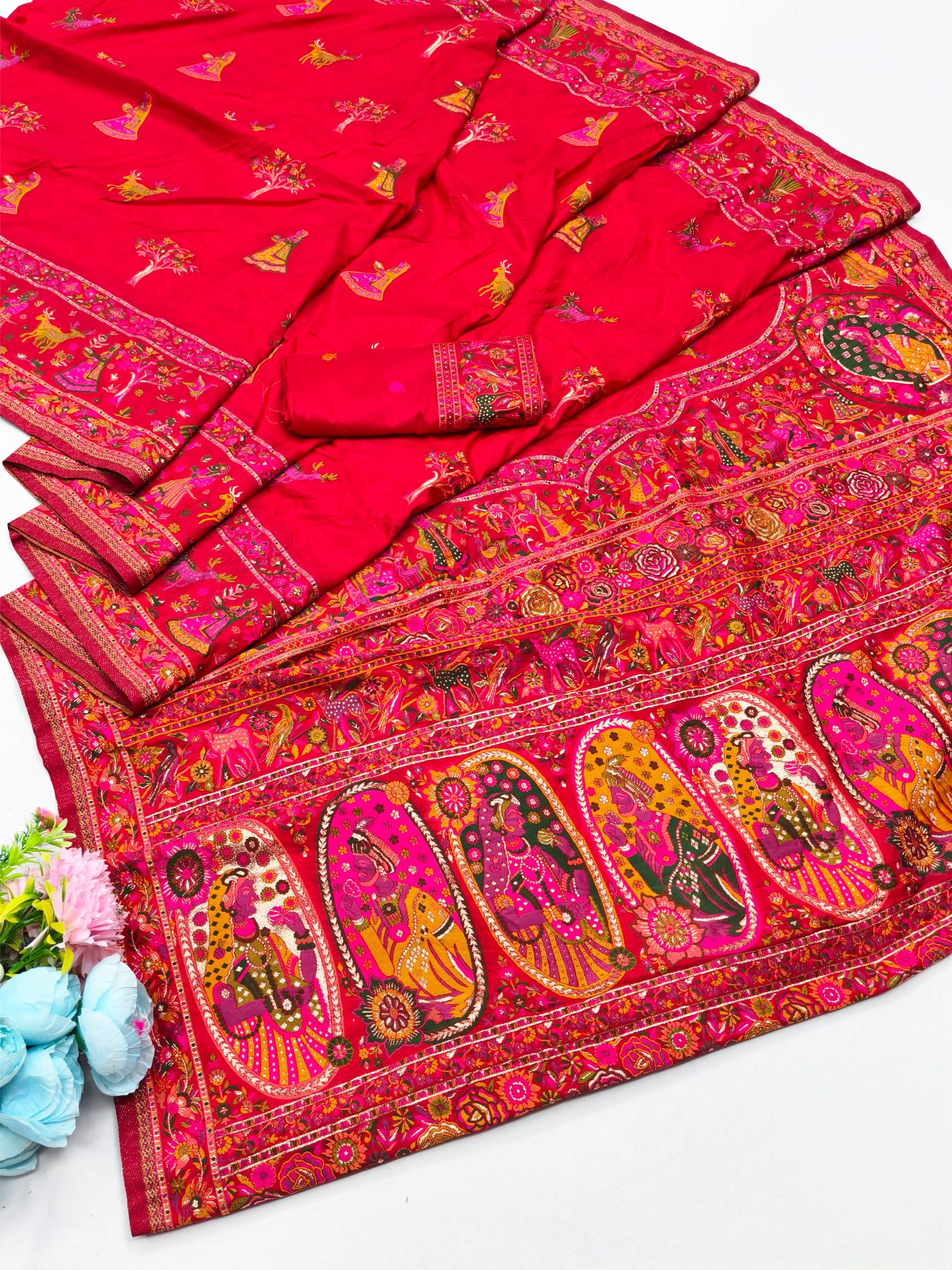 Amazing Red Nylon Dola Pashmina Saree With Appealing Blouse Piece