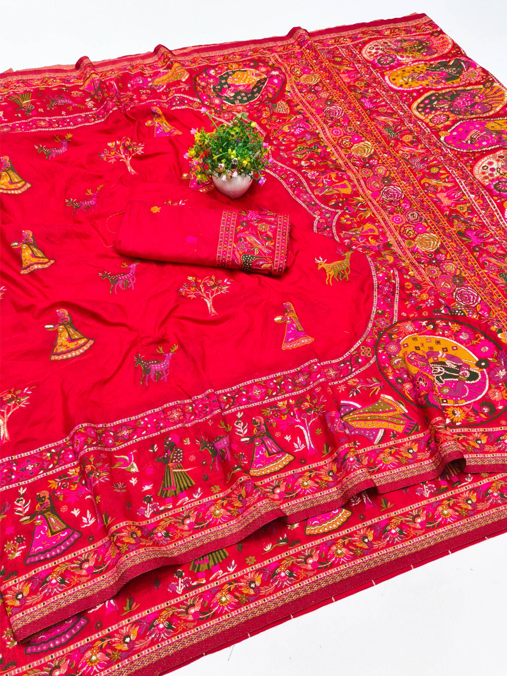 Amazing Red Nylon Dola Pashmina Saree With Appealing Blouse Piece