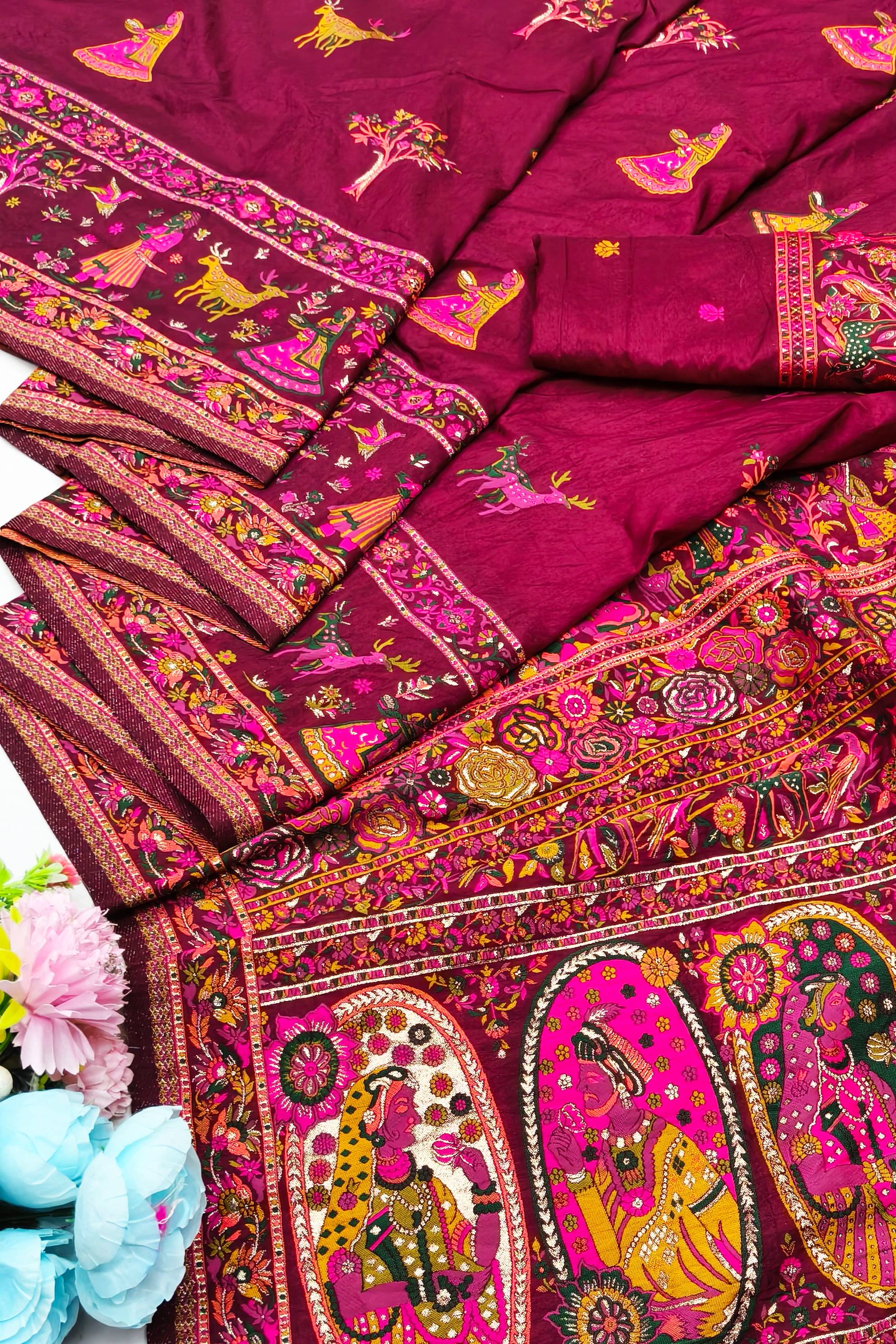 Grandiose Wine Nylon Dola Pashmina Saree With Classy Blouse Piece