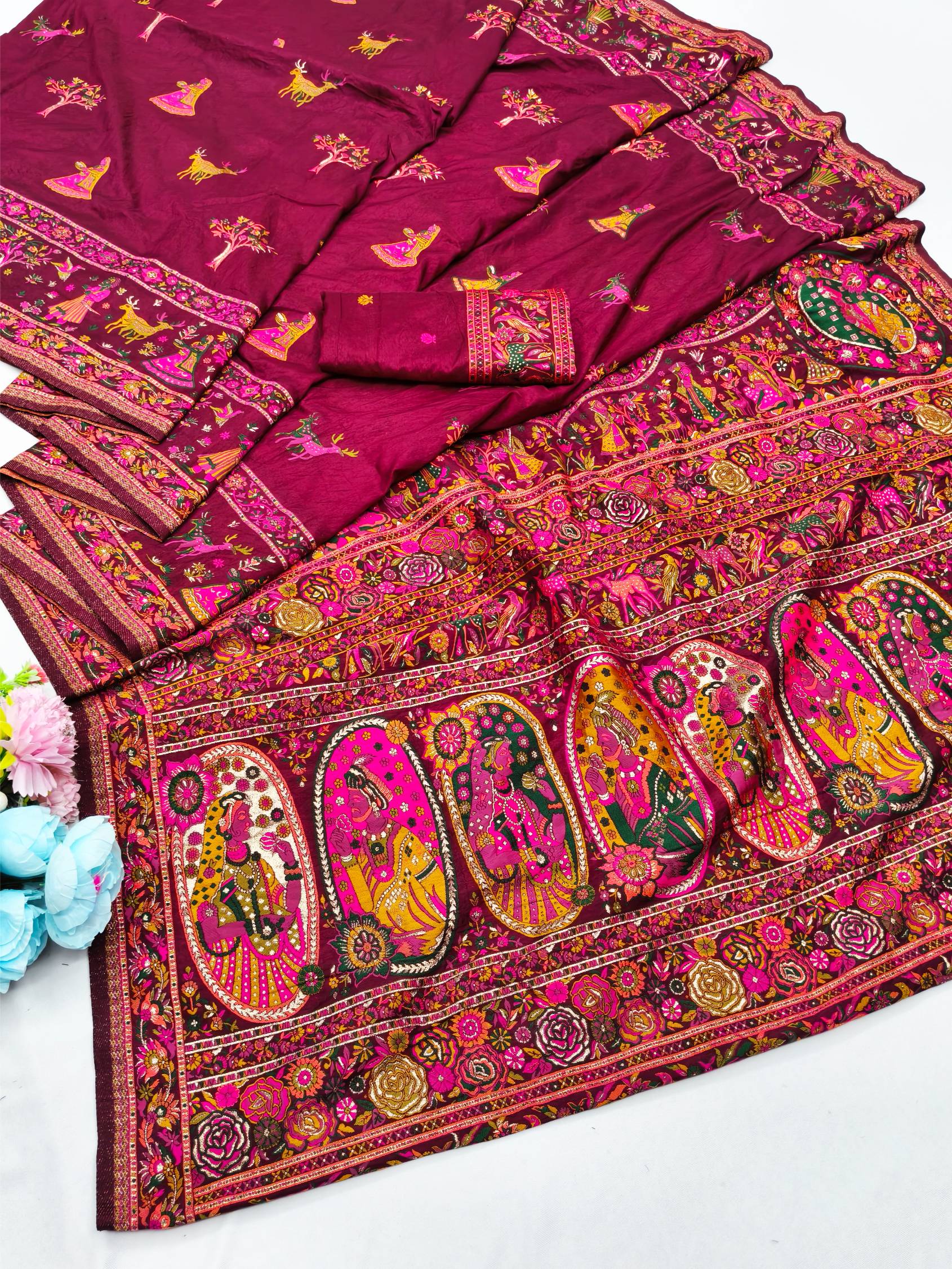 Grandiose Wine Nylon Dola Pashmina Saree With Classy Blouse Piece