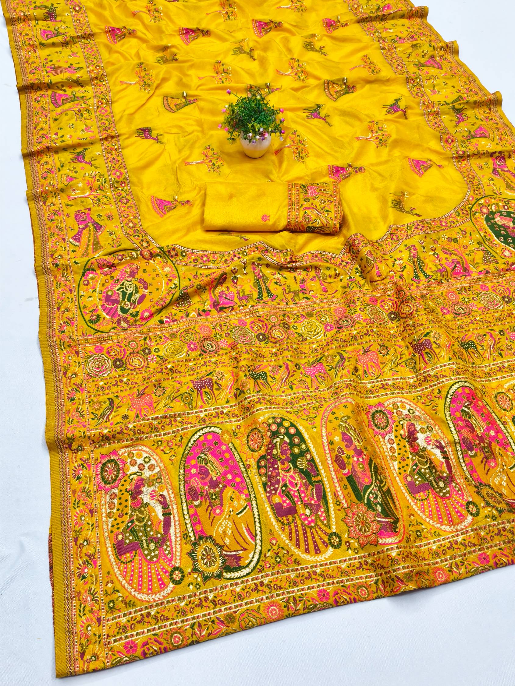 Trendy Yellow Nylon Dola Pashmina Saree With Aplomb Blouse Piece