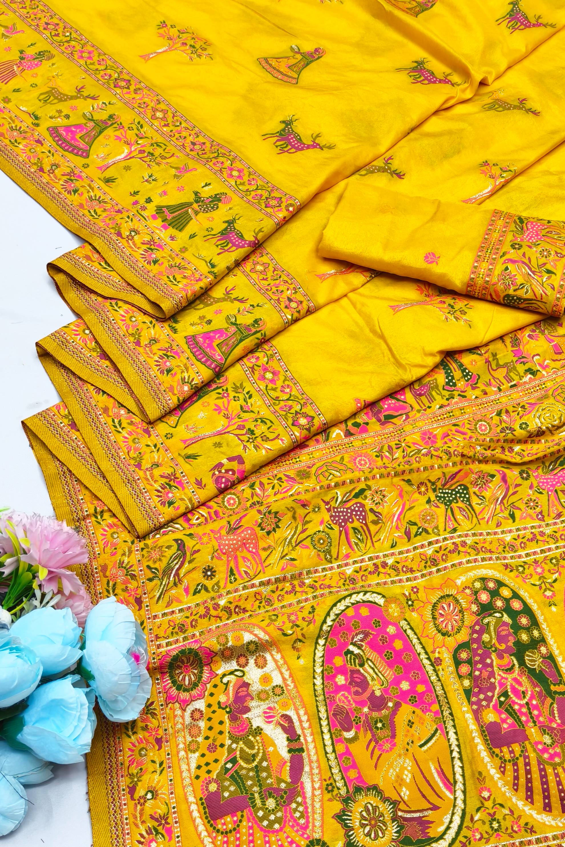 Trendy Yellow Nylon Dola Pashmina Saree With Aplomb Blouse Piece