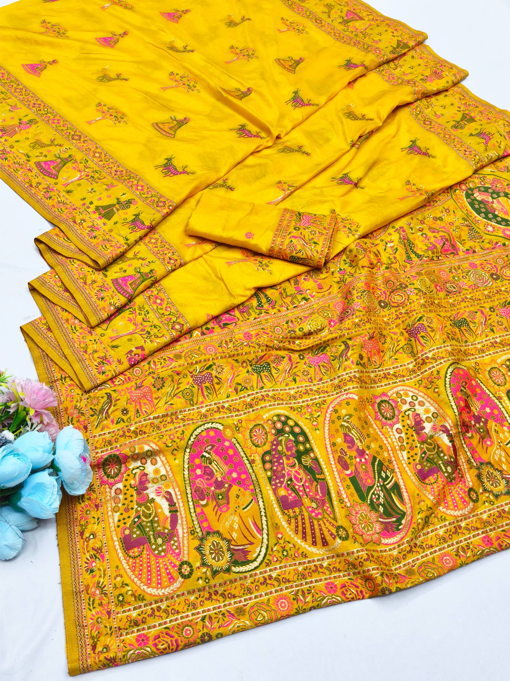Trendy Yellow Nylon Dola Pashmina Saree With Aplomb Blouse Piece