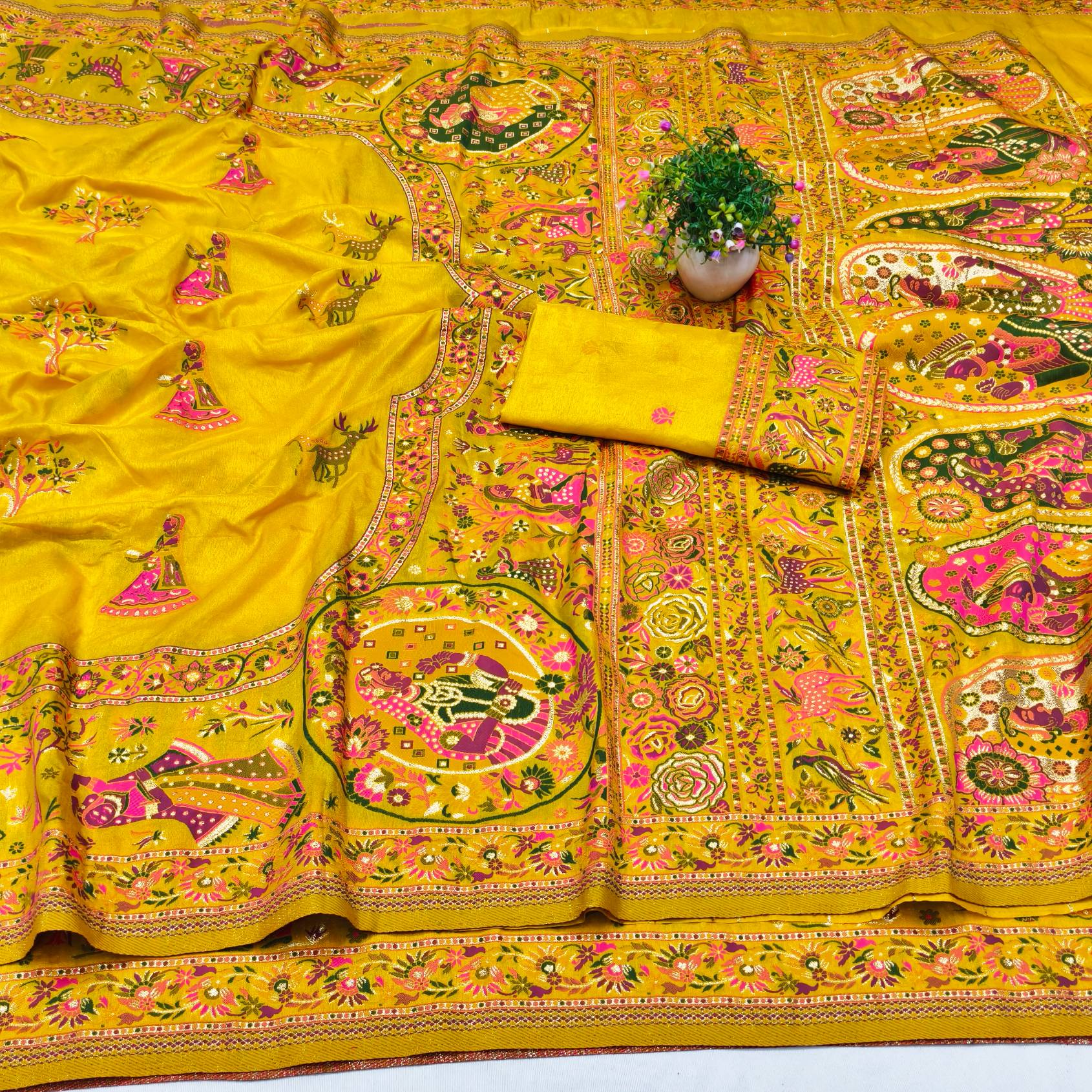 Trendy Yellow Nylon Dola Pashmina Saree With Aplomb Blouse Piece