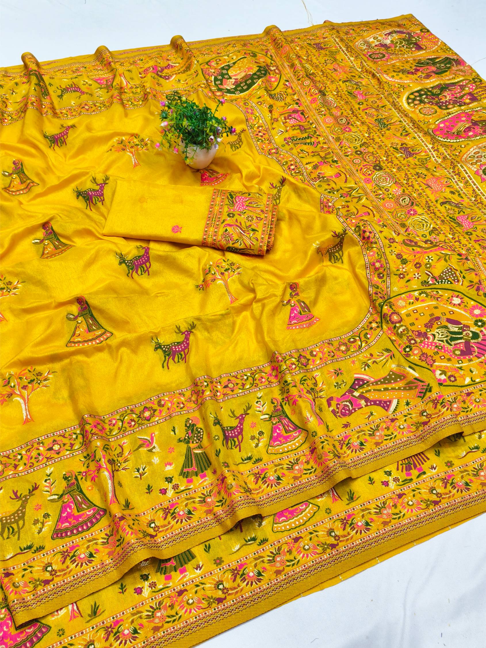 Trendy Yellow Nylon Dola Pashmina Saree With Aplomb Blouse Piece