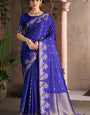 Brood Royal Blue Pure Zari Weaving Banarasi Silk Saree With Glamorous Blouse Piece