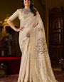 Fugacious Beige Handwork Linen Silk Saree With Smart Blouse Piece