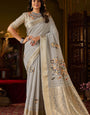 Stylish Grey Handwork Linen Silk Saree With Mesmerising Blouse Piece