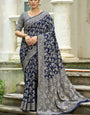 Elaborate Navy Blue Lucknowi Silk Saree With Quintessential Blouse Piece