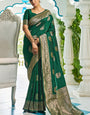 Enchanting Dark Green Pure Banarasi Silk Saree With Impressive Blouse Piece