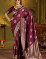 Trendy Purple Pure Banarasi Silk Saree With Surpassing Blouse Piece