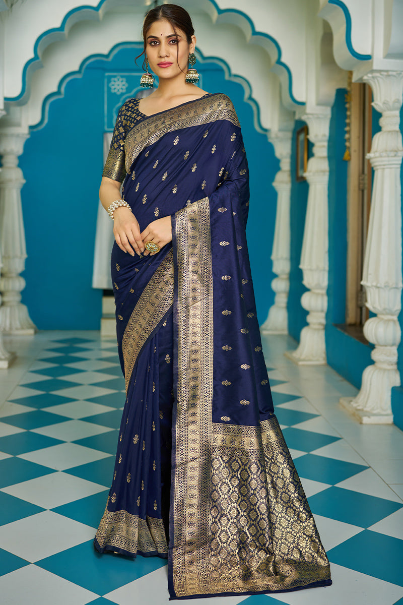 Mesmeric Navy Blue Banarasi Silk Saree With Staggering Blouse Piece