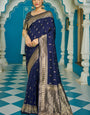 Mesmeric Navy Blue Banarasi Silk Saree With Staggering Blouse Piece