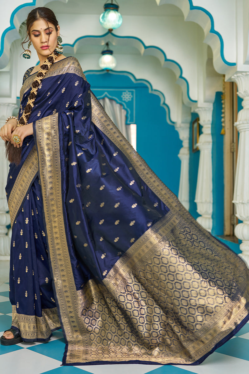 Mesmeric Navy Blue Banarasi Silk Saree With Staggering Blouse Piece