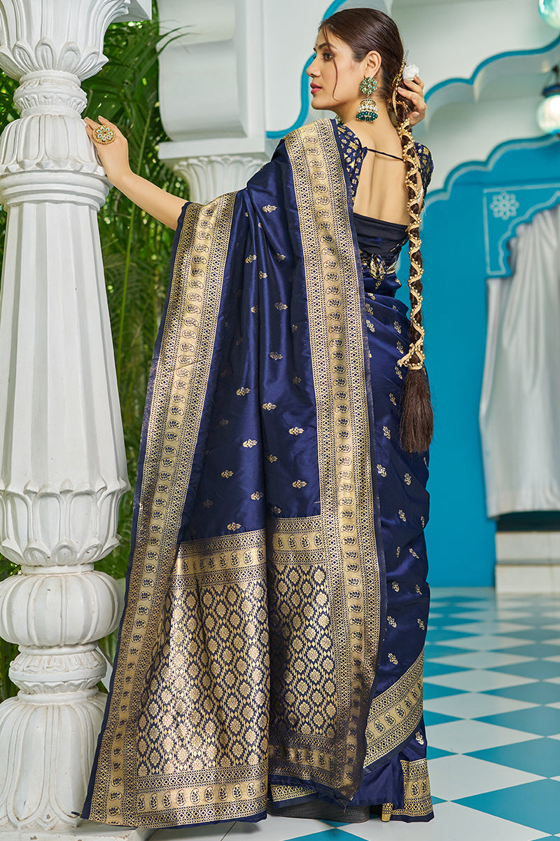 Mesmeric Navy Blue Banarasi Silk Saree With Staggering Blouse Piece