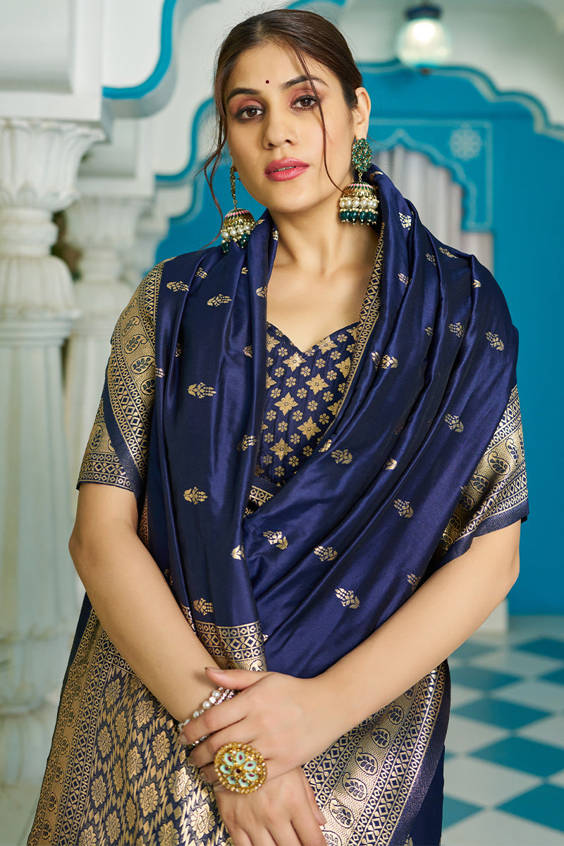 Mesmeric Navy Blue Banarasi Silk Saree With Staggering Blouse Piece