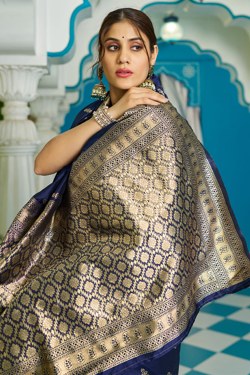 Mesmeric Navy Blue Banarasi Silk Saree With Staggering Blouse Piece