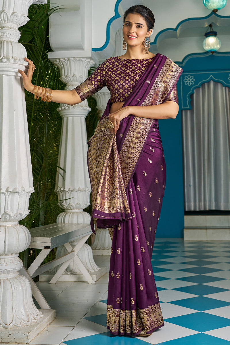 Blissful Purple Banarasi Silk Saree With Panoply Blouse Piece