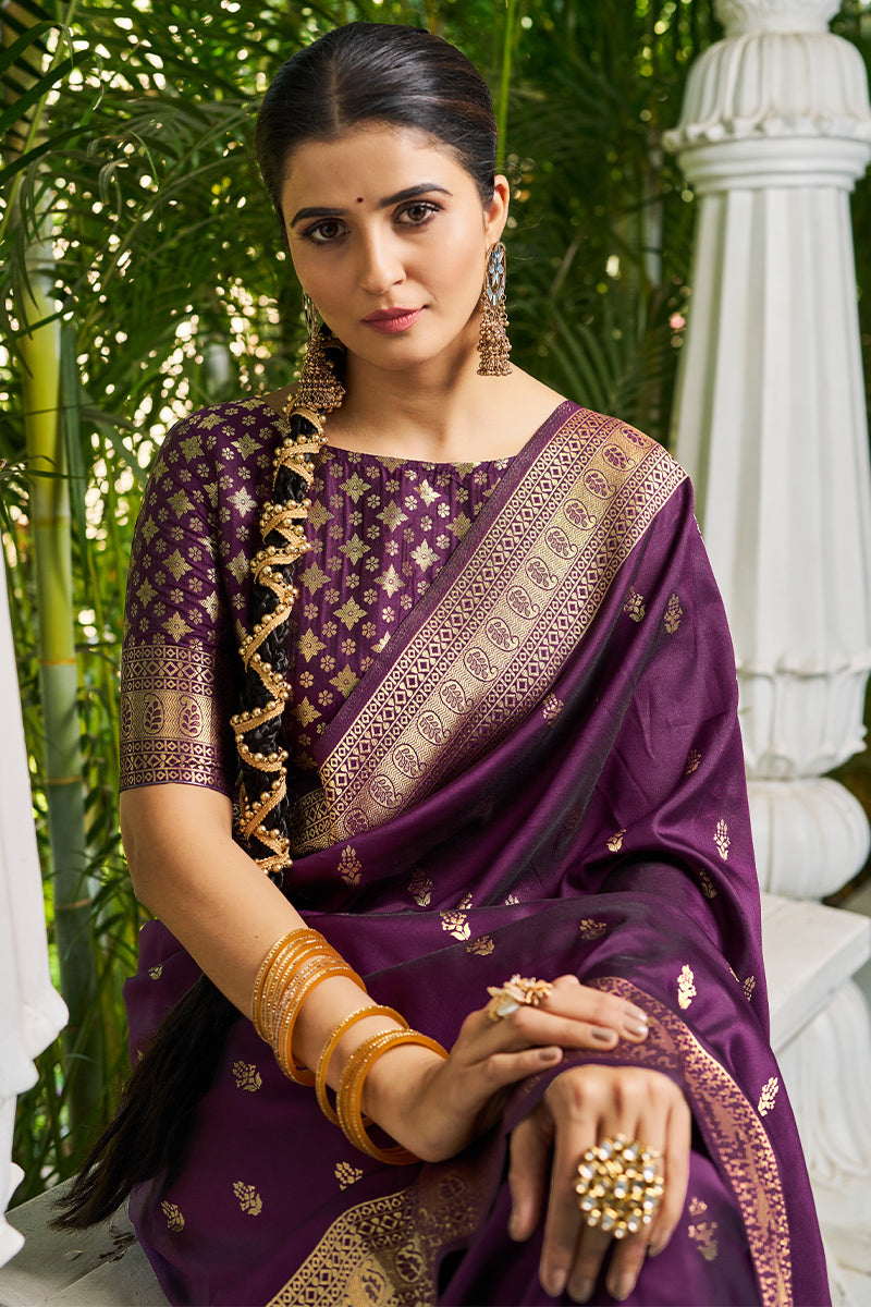 Blissful Purple Banarasi Silk Saree With Panoply Blouse Piece