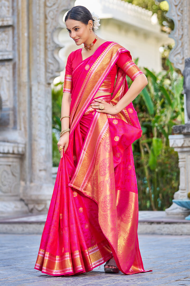Ineffable Dark Pink Kanjivaram Silk Saree With Ideal Blouse Piece