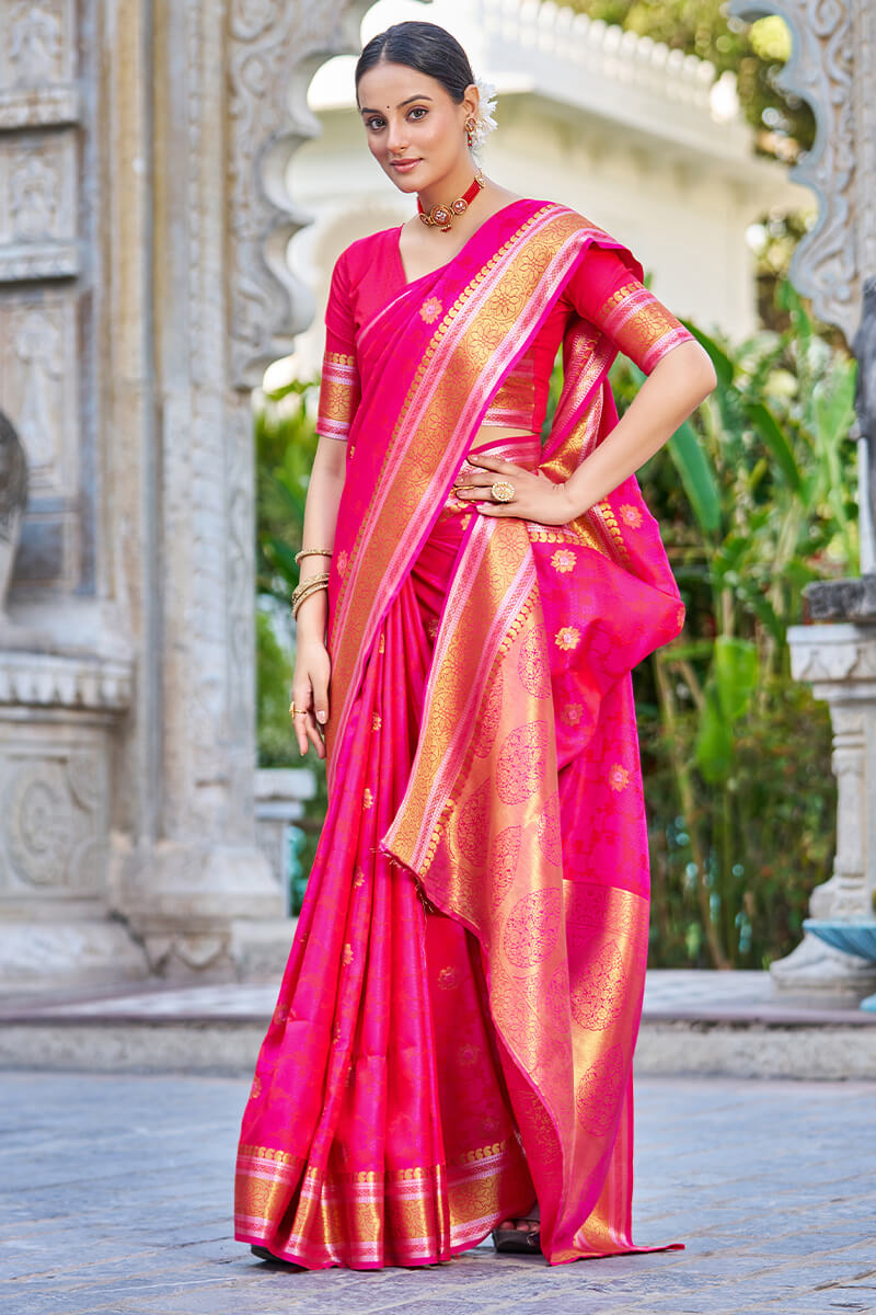 Ineffable Dark Pink Kanjivaram Silk Saree With Ideal Blouse Piece