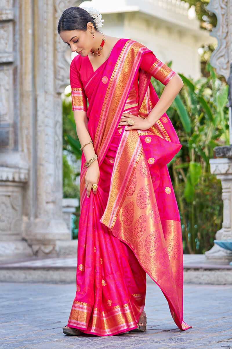 Ineffable Dark Pink Kanjivaram Silk Saree With Ideal Blouse Piece