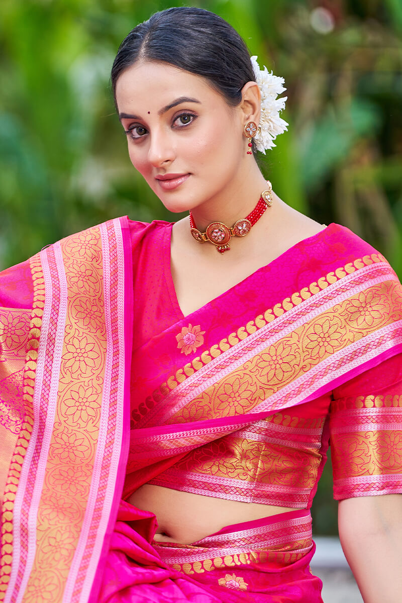 Ineffable Dark Pink Kanjivaram Silk Saree With Ideal Blouse Piece