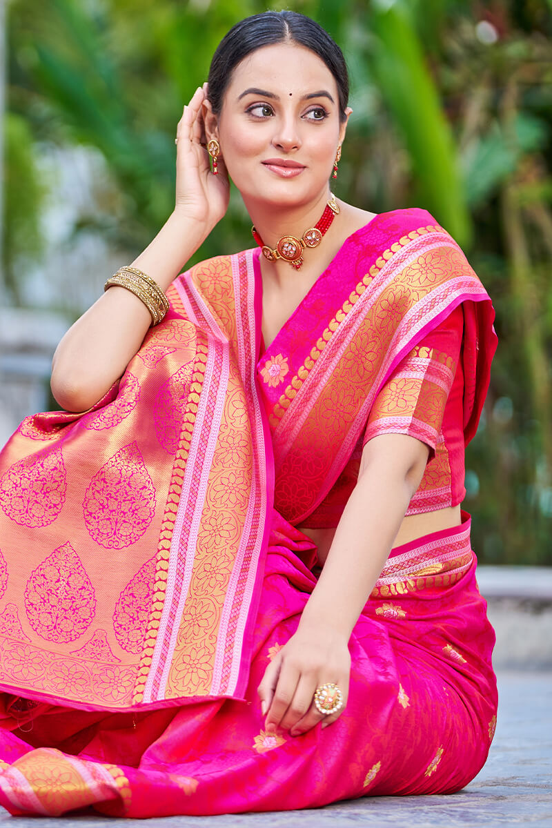 Ineffable Dark Pink Kanjivaram Silk Saree With Ideal Blouse Piece
