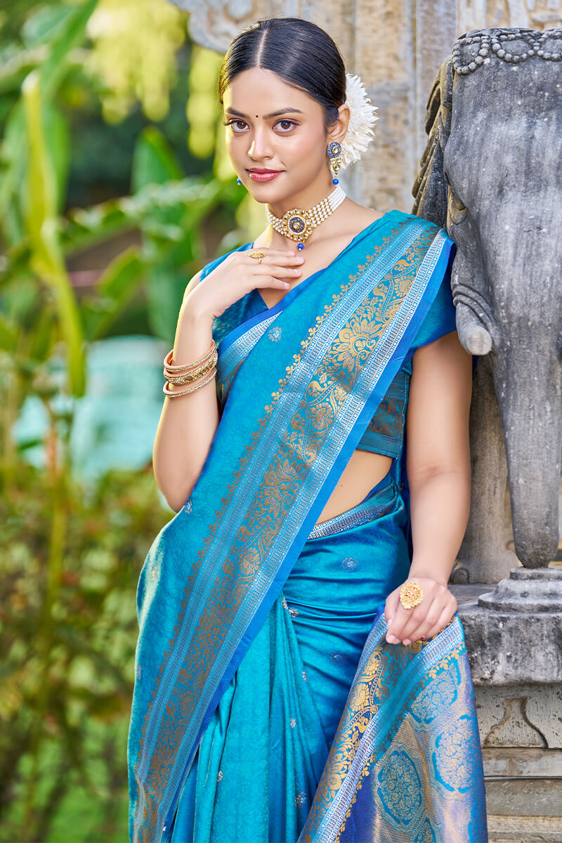 Seraphic Firozi Kanjivaram Silk Saree With Traditional Blouse Piece