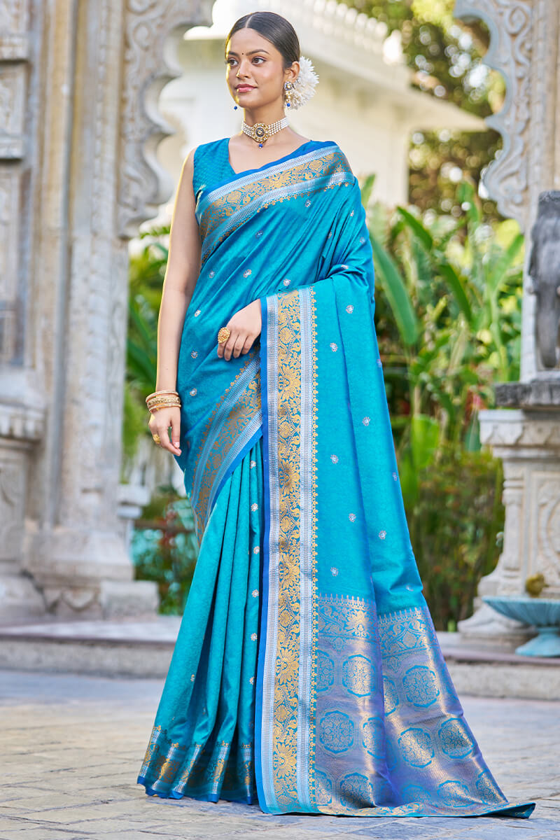 Seraphic Firozi Kanjivaram Silk Saree With Traditional Blouse Piece