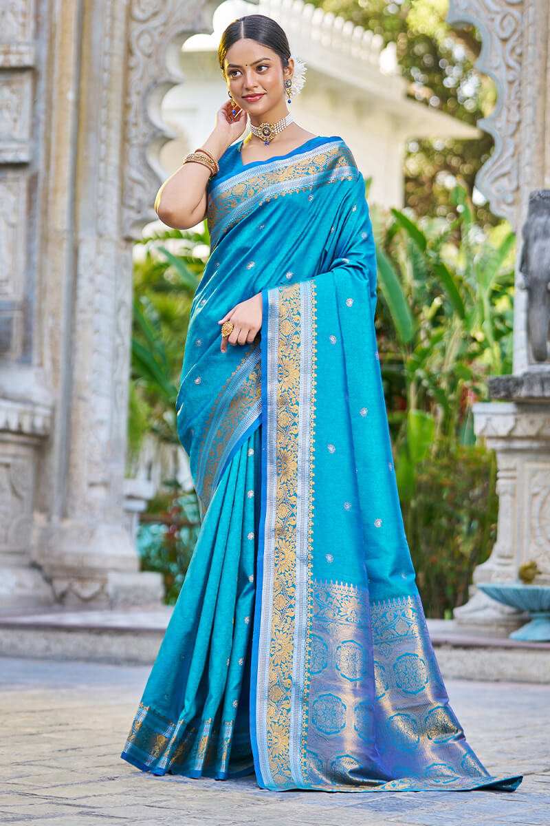 Seraphic Firozi Kanjivaram Silk Saree With Traditional Blouse Piece
