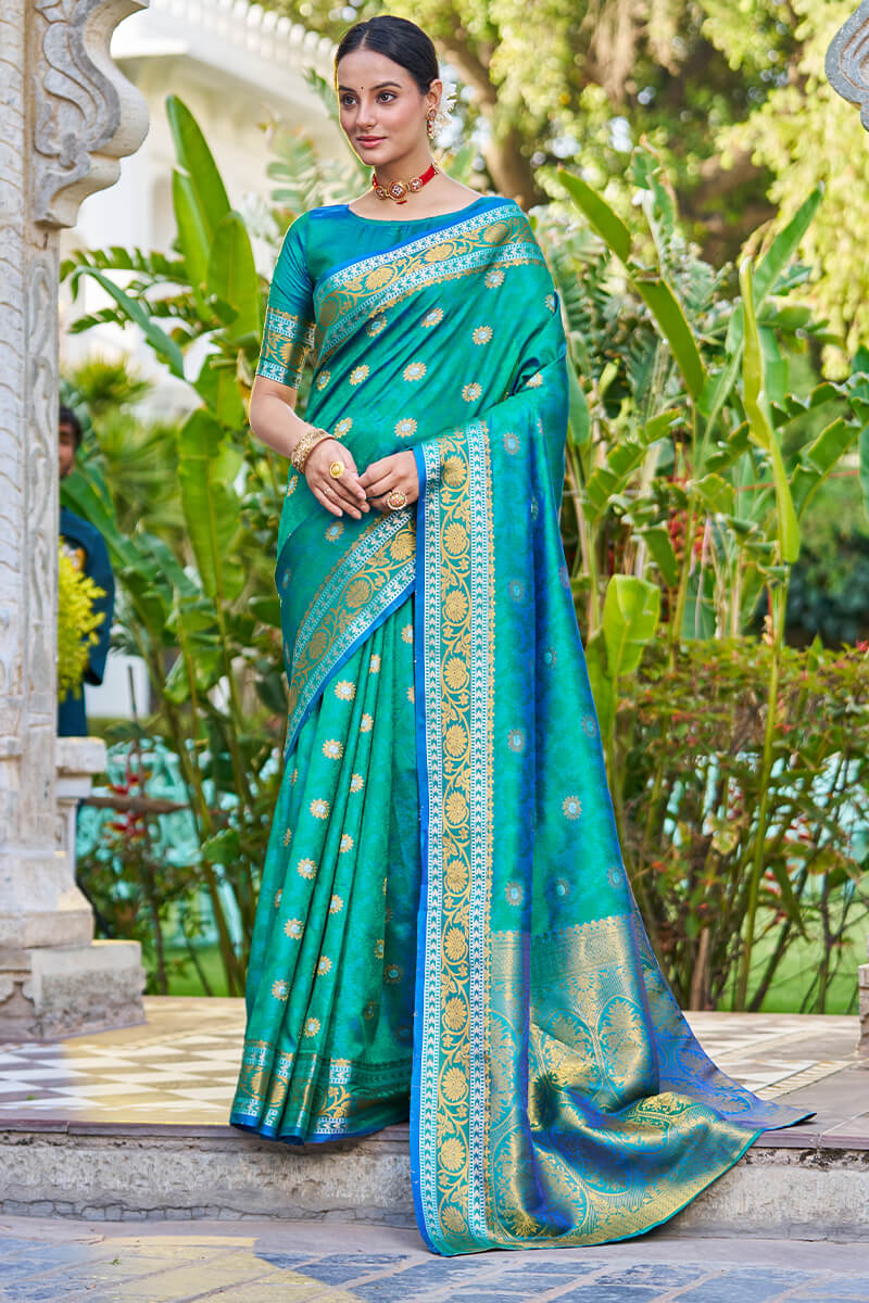 Lustrous Rama Kanjivaram Silk Saree With Palimpsest Blouse Piece