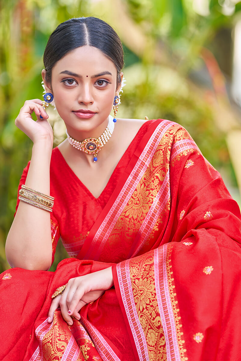 Luminous Red Kanjivaram Silk Saree With Confounding Blouse Piece