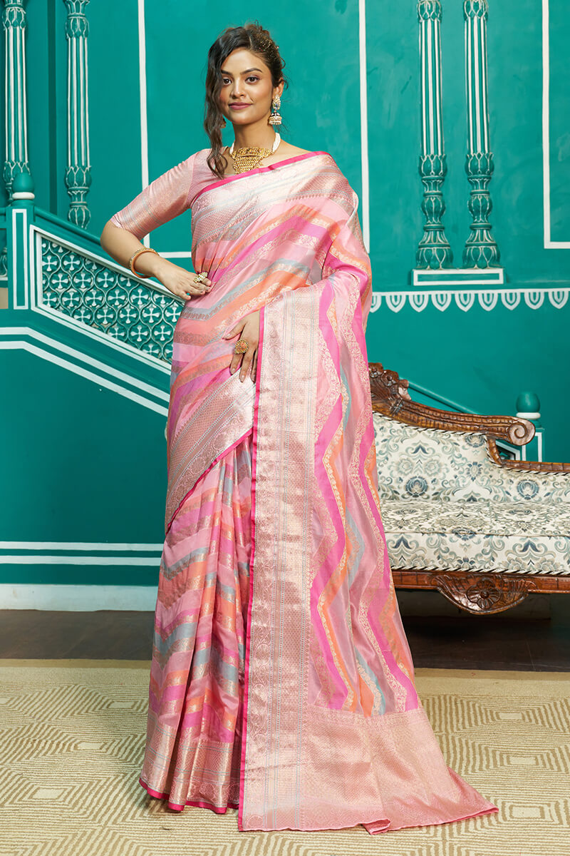 Majesty Baby Pink Organza Silk Saree With Radiant Blouse Piece